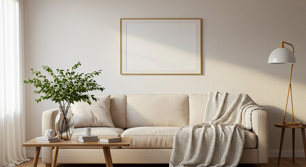  Vertical gold frame mockup in beige interior with couch and sunlight – soft minimal room design for artwork, branding poster, or digital print display
