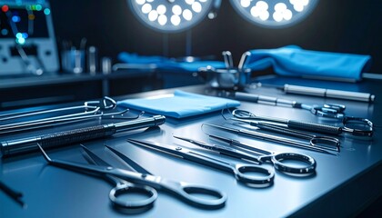 Surgical Instruments in Operation Room: Surgical instruments neatly arranged on a sterile metal table under bright lights, evoking a sense of precision and focus in the operational theatre.