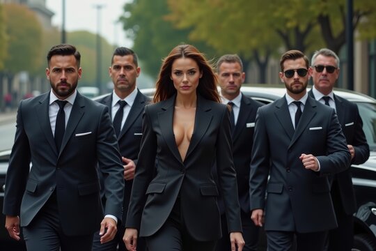 Elegant team of bodyguards shield a high-profile businesswoman as she steps out of her lavish vehicle.