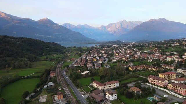 Aerial nature landscape of Colico village in Lake Como Italian Alps during fall in Lombardy