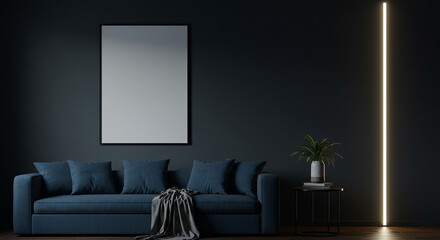 Vertical wall frame mockup in black living room with deep blue sofa – modern minimalist design for artwork or poster display in moody home interior setting