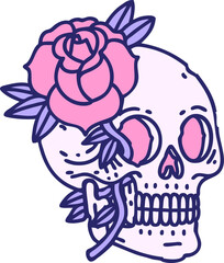iconic tattoo style image of a skull and rose in bright neon color