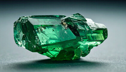 Big rough green crystal on smooth surface. Precious stone.