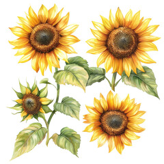A set of watercolor sunflower isolated on a transparent background