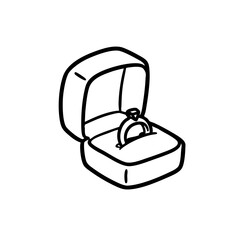 Black and white sketch of velvet box with engagement ring  