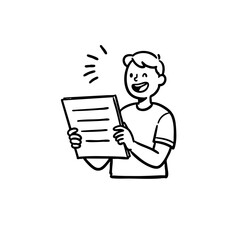 Happy boy reading paper in black and white sketch style  
