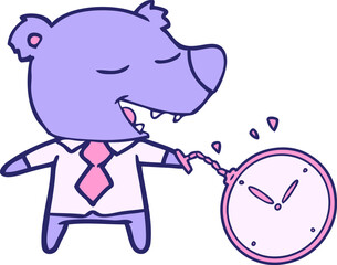 cartoon bear wearing shirt and tie holding watch in bright neon color
