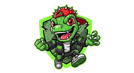 Cool Green Lizard Cartoon Character Design  Punk Rock Reptile Mascot Illustration