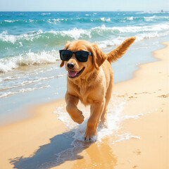 A golden retriever puppy enjoys a sunny day at the beach, sporting a pair of sunglasses