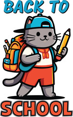 Back to School kindergarten T-Shirt Design, Cute cartoon Cat wearing a backpack and holding a pencil ready for school, Vector Illustration