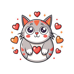 Cute Cat in Love with Heart Eyes and Floating Hearts on White Background – Adorable Valentine Cartoon Animal for Romantic, Fun, or Pet-Themed Designs