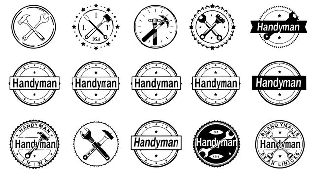 "Grid of nine vintage black and white handyman logos, each featuring stylized tools like hammers, screwdrivers, and wrenches, with retro circular frames and bold 'Handyman' text in the center, set aga