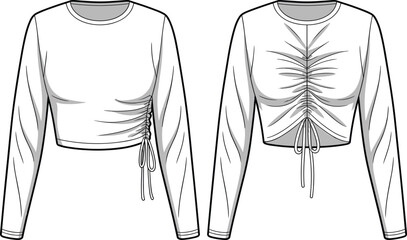 Fashionable cropped long sleeve tops with stylish side ruched and front drawstring details, trendy casual wear, CAD drawing flat vector illustration, design resource.