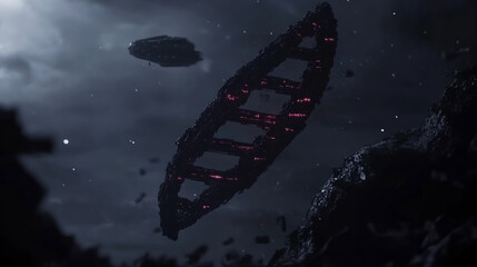 A mysterious glowing alien structure floats ominously in a dark cosmic realm, a relic of an advanced civilization, science fiction concept art.