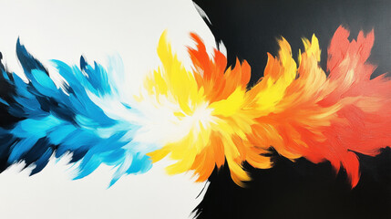 Vibrant abstract painting featuring dynamic brushstrokes blue, yellow, orange, and red hues, blending into striking contrast of black and white background. composition evokes energy and movement