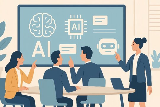 Flat Vector Illustration of Business Team Discussing AI in Modern Office