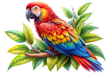 Obraz premium A vibrant and colorful parrot perched on a branch surrounded by lush leaves, showcasing the beauty of tropical wildlife in a detailed illustration isolated on transparent background