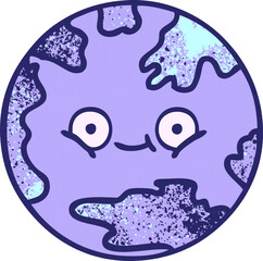 retro grunge texture cartoon of a planet earth in bright neon color