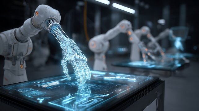 Sleek robotic arms testing AI-driven machines while researchers monitor vital stats on holograms