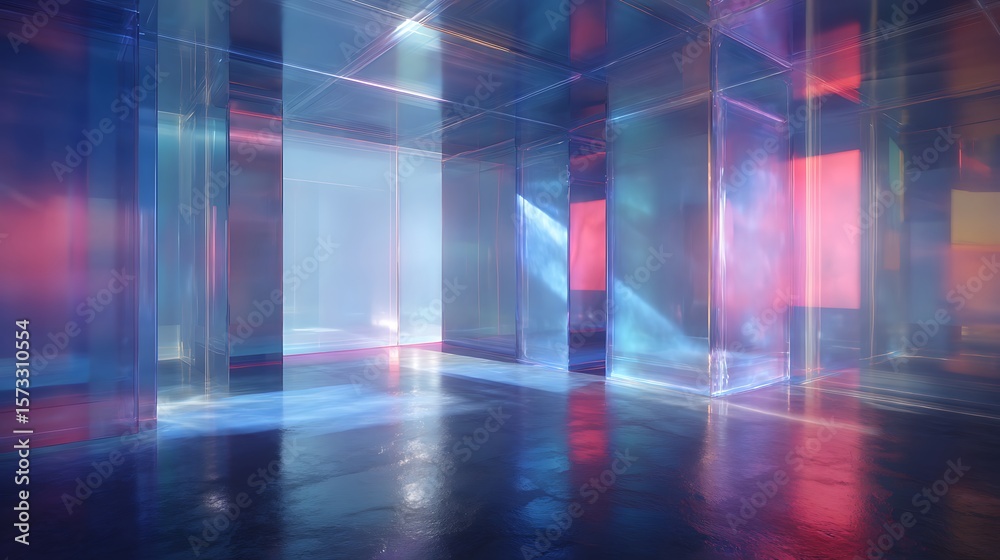Poster smooth metallic room with transparent walls illuminated by vibrant ai data patterns and light beams