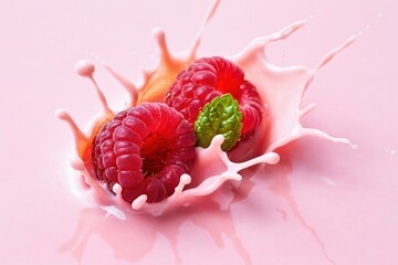 Two raspberries and mint leaf splash in pink liquid