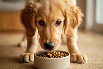 Golden retriever eating dog food from bowl