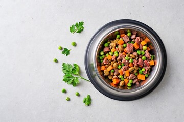 Balanced meal for domestic animal Isolated portion in plate