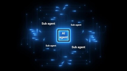 ai agent- businessman working with virtual reality at office. Glowing hexagon displays artificial intelligence agent text against a blue digital circuit backdrop. update ai sub agents system - Powered by Adobe