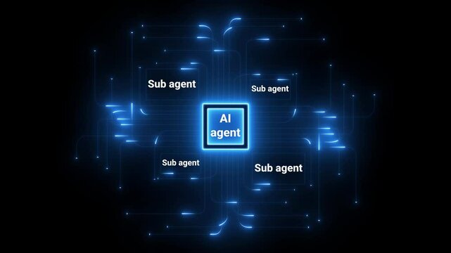 ai agent- businessman working with virtual reality at office. Glowing hexagon displays artificial intelligence agent text against a blue digital circuit backdrop. update ai sub agents system