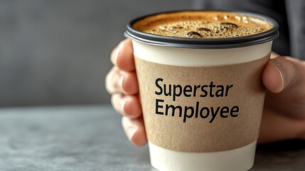 A person holds a disposable coffee cup with the words "Superstar Employee" printed on it.