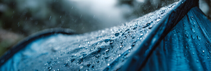 blue tent in rain close up large water drops on tent, concept of waterproof water repellent water resistant equipment or textile material for traveling camping outdoor in wet weather