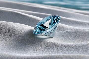 Shimmering diamond reflects sunlight on soft sandy beach beside calm turquoise waters at midday
