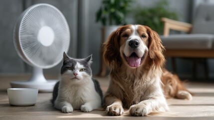 Cocker spaniel brown and white dog lying on the floor with a grey and white cat next to a big fan during summer heat with blurred living room on the background