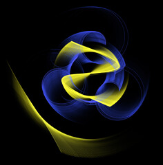 Abstract striped, wavy, arched and spiral blue and yellow planes intersect on a black background. Icon, logo, symbol, sign. 3D rendering. 3D illustration.