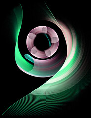 An abstract propeller, shaped like a flower, rotates inside a frame formed by two large wavy blades on a black background. Icon, logo, symbol, sign. 3D rendering. 3D illustration.
