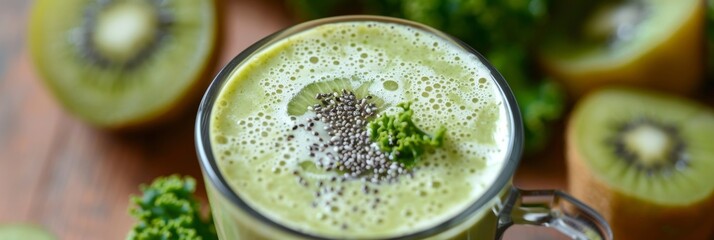 A cup of cold frothy green smoothie bursting with flavors from ingredients like kiwi kale and green gs.