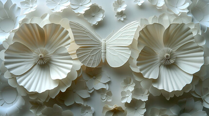 Beautiful white 3D paper butterflies on a sophisticated wall with an embossed texture