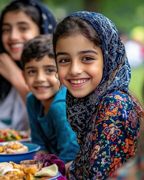 Family celebrating Eid outdoors with picnic-style seating, colorful dishes, and traditional sweets