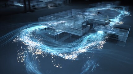 Super-high-speed light-based data transfer shown as streams moving around a transparent research station