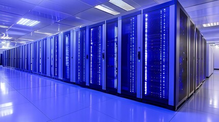 Rows of server racks illuminated by blue light.