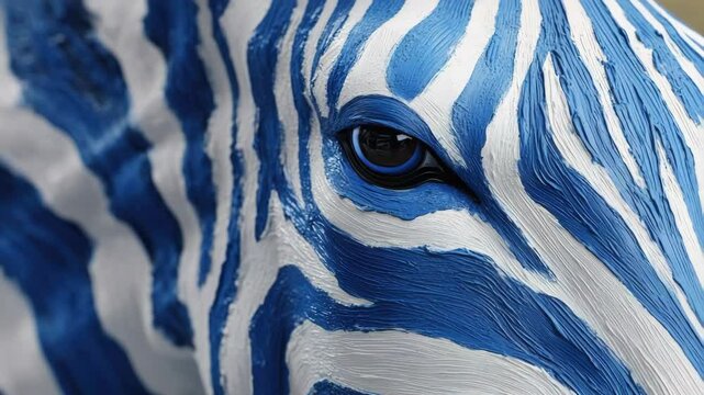 Close-up of zebra face with stripes and eye detail, emphasizing the distinctive pattern and vivid coloration.