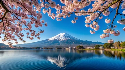 Mount fuji reflected in a serene lake under a sky full of cherry blossoms