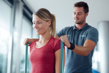 A fitness trainer supports a woman performing exercises with resistance bands in a bright gym setting. The two are focused and engaged in a workout session, promoting health.
