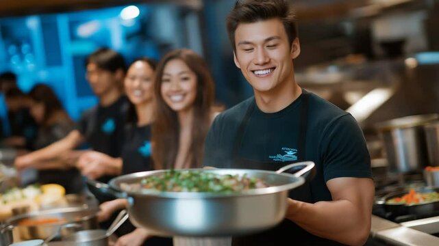 Executives and interns bonding through a cooking team-building challenge