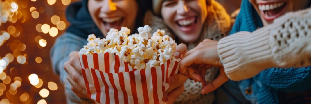 A group of friends excitedly splitting a bag of warm buttery popcorn picked fresh from the fields.