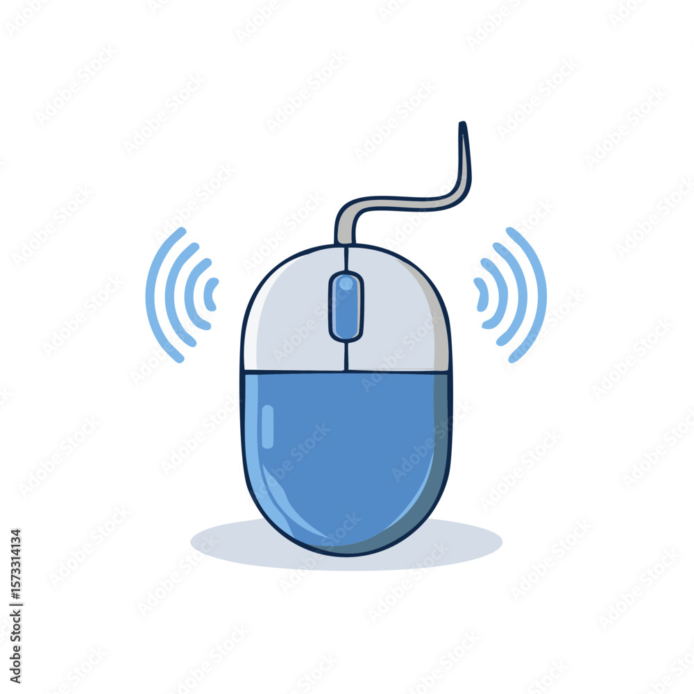 Poster Blue Computer Mouse with Cord and Wireless Signal - Isolated vector illustration for internet technology or desktop interface