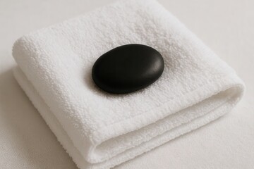 A Black Stone Rests on a Crisp White Towel