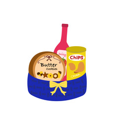 Cute snack gift basket illustration. Cookies, chips, and juice bottle in blue hamper with ribbon