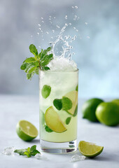 Refreshing mojito splash with lime and mint on ice against a bright background