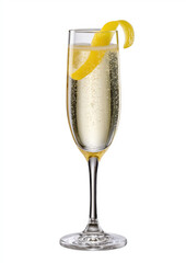 Elegant champagne flute with lemon twist on white background